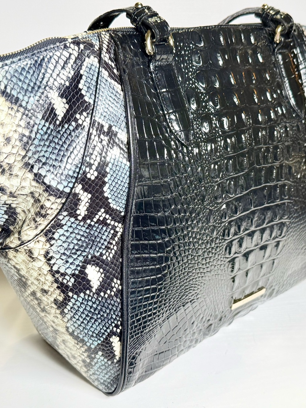 Brahmin Camila Large Black/Blue Tybalt Leather Satchel